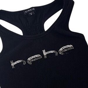 Bebe Top Y2K Vintage Black Ribbed Rhinestone Logo Racerback Tank Top Medium